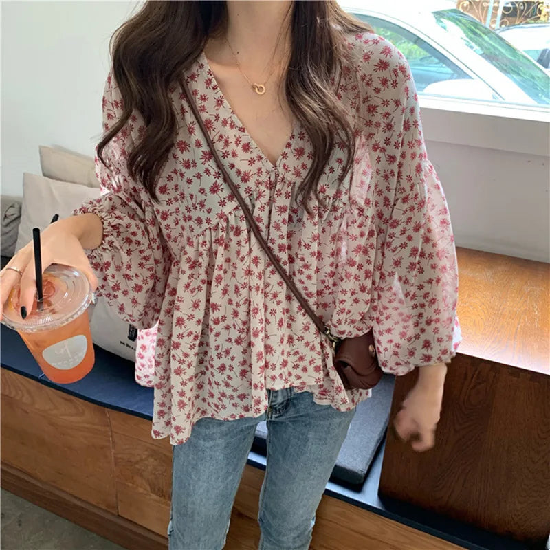 Spring Summer Chiffon V Neck Top For Women Lantern Long Sleeve Loose Pleated Blouse Korean Style Fashion