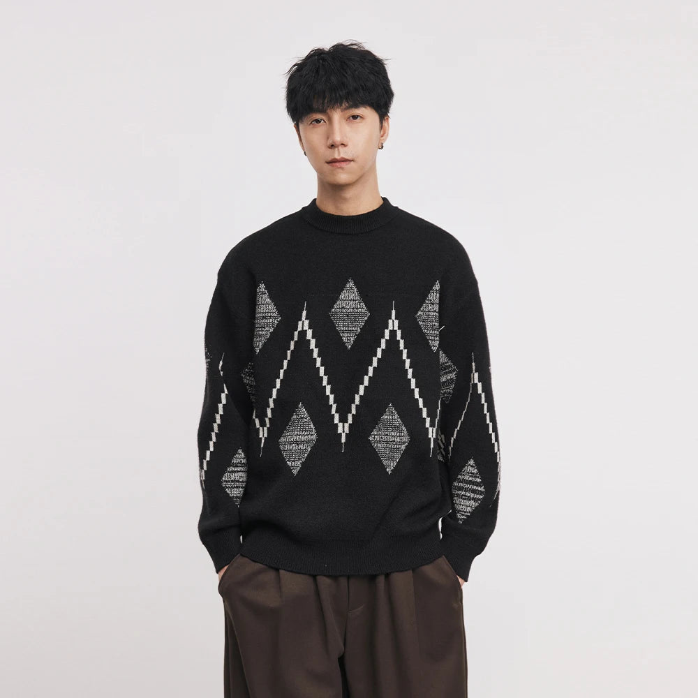 Minimalist Streetwear: Men's Oversized Argyle Geometric Knit Sweater