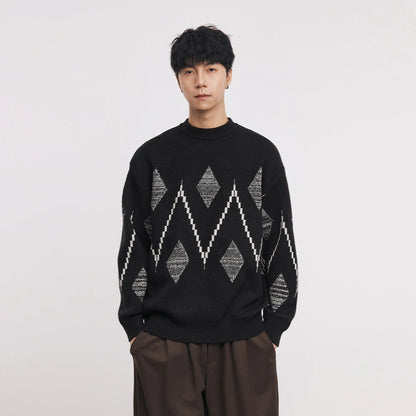 Minimalist Streetwear: Men's Oversized Argyle Geometric Knit Sweater