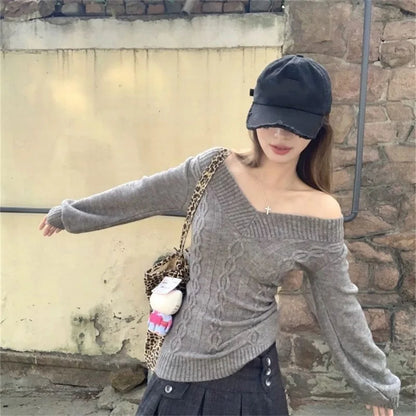 Off-The-Shoulder Grey Cable Knit Sweater Aesthetic