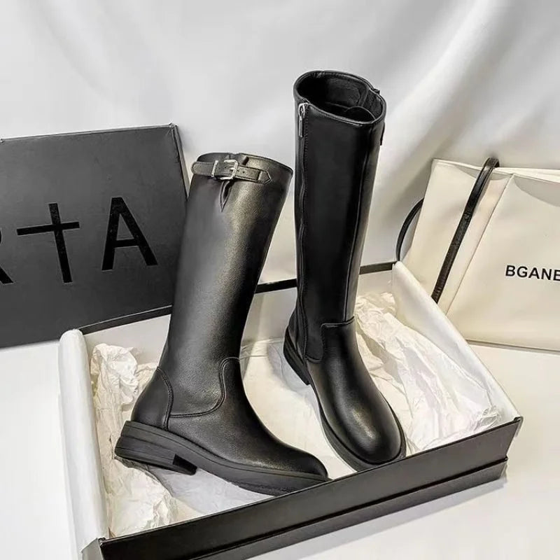 Women’s Mid-Calf Winter Boots – Elegant British Style Patent Leather Low Square Heel Footwear