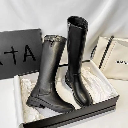 Women’s Mid-Calf Winter Boots – Elegant British Style Patent Leather Low Square Heel Footwear