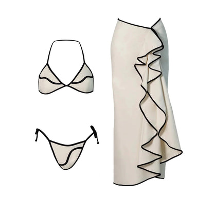Cream and Black Contrast Trim Bikini with Matching Skirt and Tote Bag Aesthetic