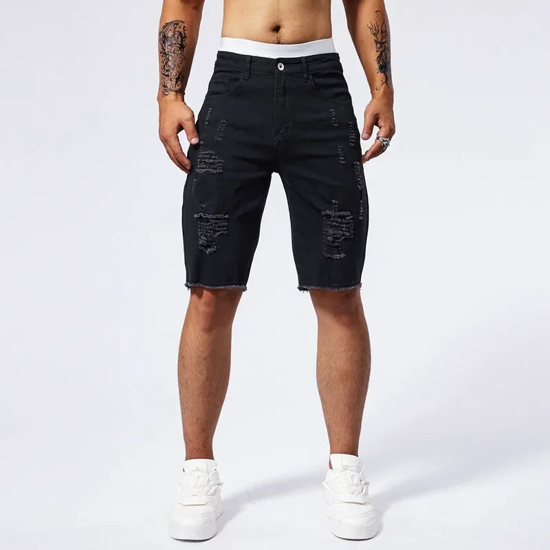Men Stretch Light Blue Ripped Denim Shorts