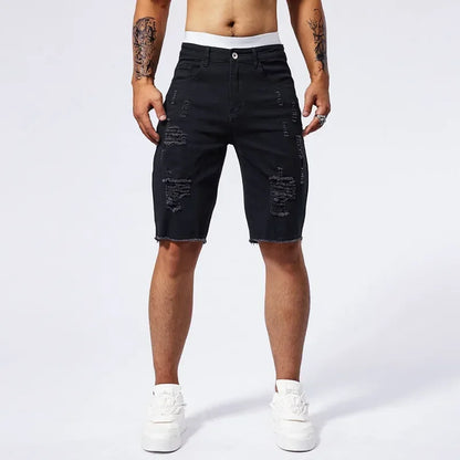 Men Stretch Light Blue Ripped Denim Shorts
