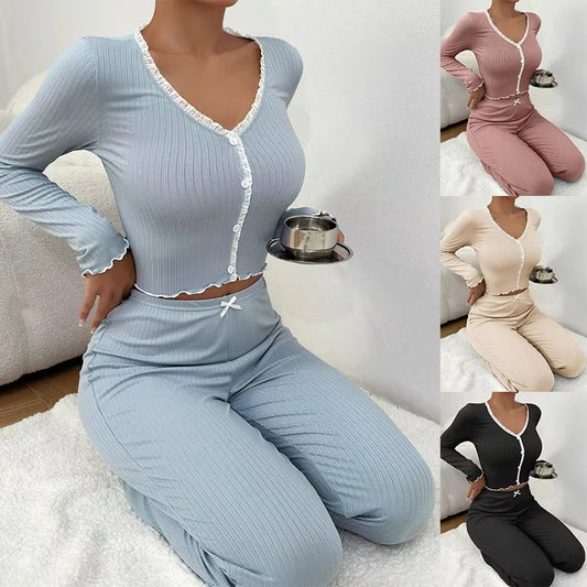 Womens Lace Pajama Set Long Sleeve Top Trousers Elegant Autumn Winter Sleepwear Loungewear