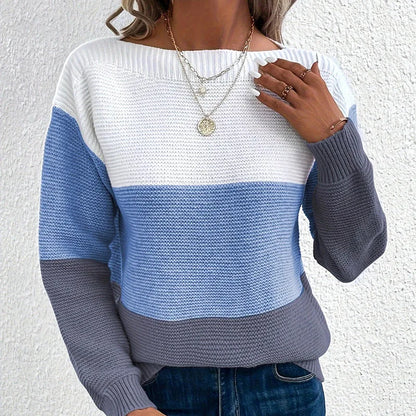 Womens Colorful Patchwork Crop Sweater Autumn Casual Knitted Pullover Bare Midriff Coarse Yarn Top
