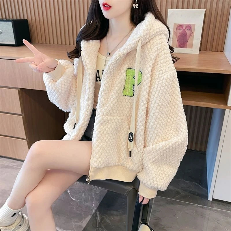 Embroidered Sheep Hooded Sweatshirt Autumn Winter Imitation Lamb Wool Plush Hoodie For Women