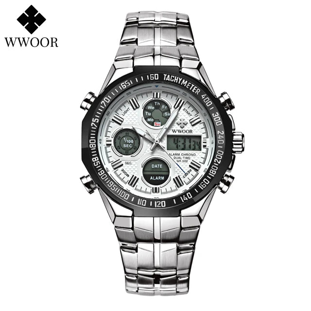 Mens Dual Rich Display Stainless Steel Golden Class Watches