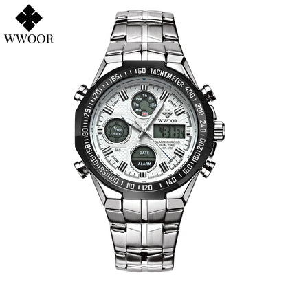 Mens Dual Rich Display Stainless Steel Golden Class Watches