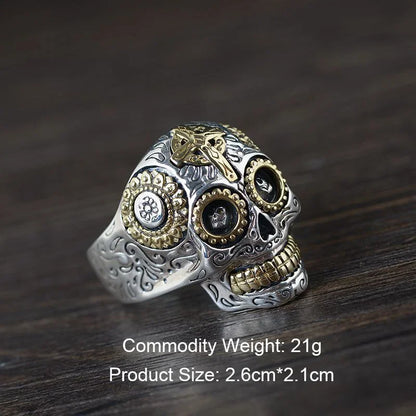 Mexican Style 925 Sterling Silver Gold Skull Head Rings