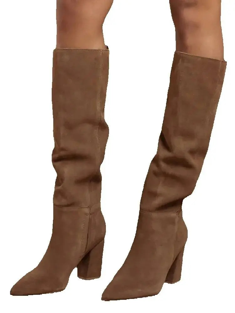 2024 Modern Knee High Suede Boots Square Heel Winter Shoes For Women