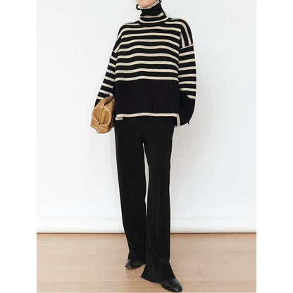 Stylish Women’s Long Sleeve Sweater – High Collar Striped Knit Pullover with Split Hem, Soft & Warm Winter Sweater for Ladies