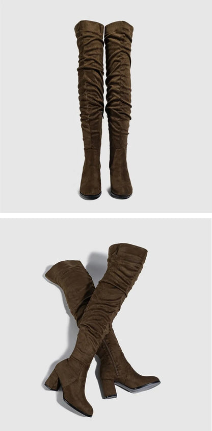 Women's Pleated Over-The-Knee Boots – Pointed Toe Thin Heels for Winter 2025