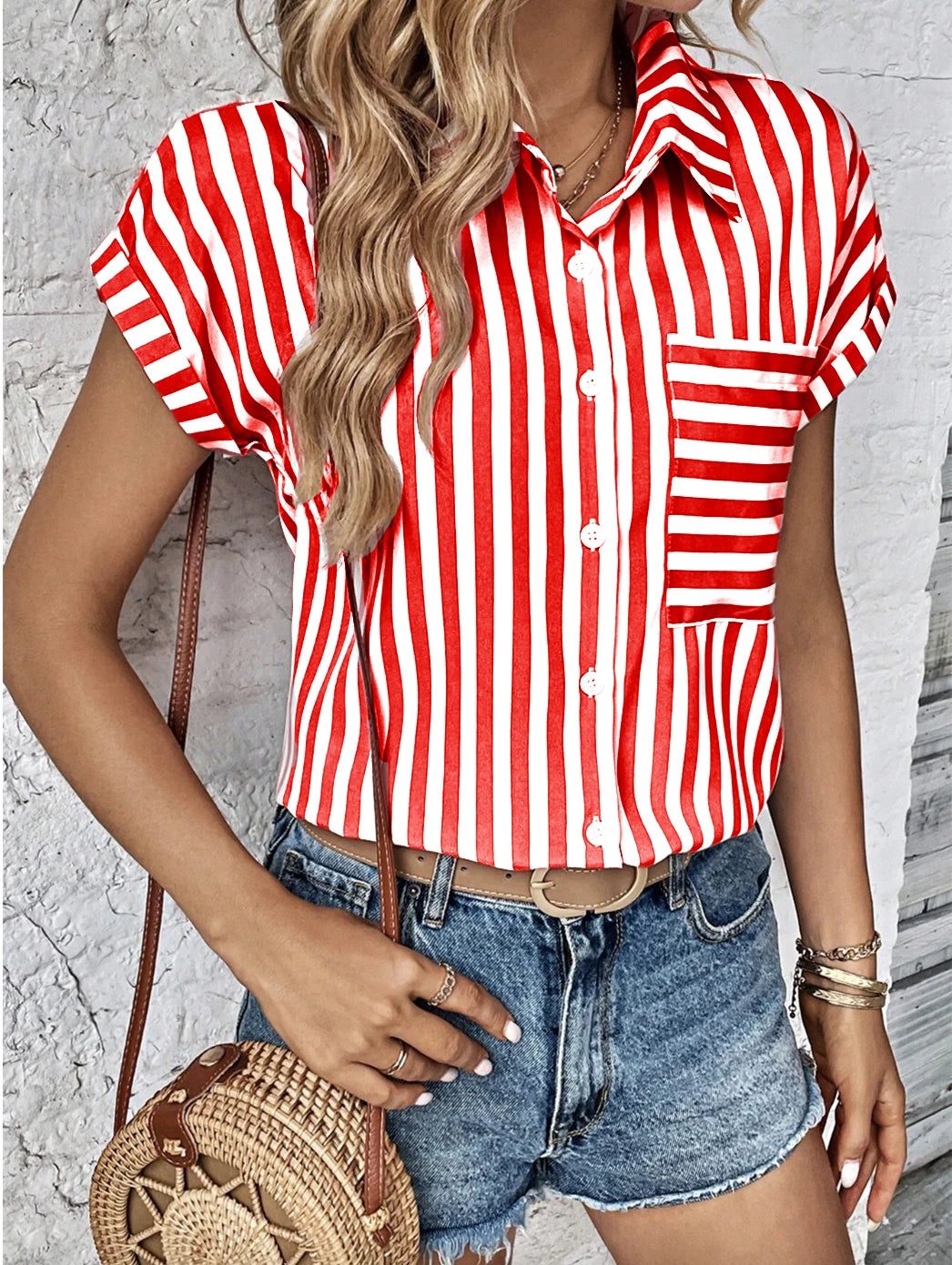 Casual Off Shoulder Tender Striped Fake 2 Pcs Shirts For Women