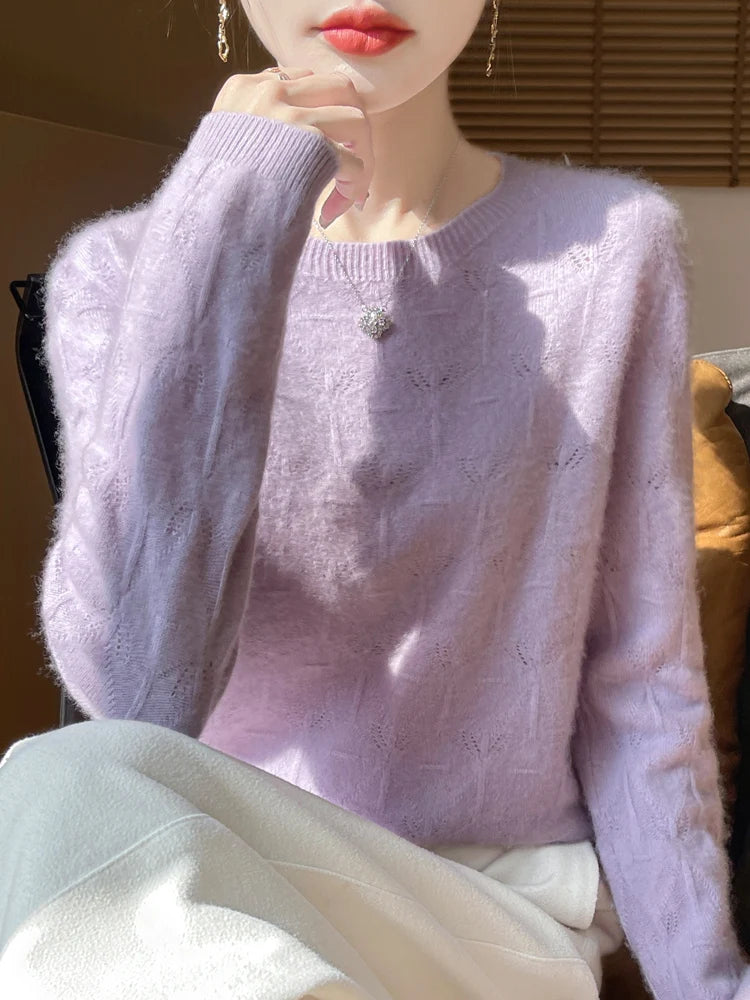 Women S Autumn Winter Sweater Temperament Commuter Round Neck Hollow Out Knit Top Pullover For Women