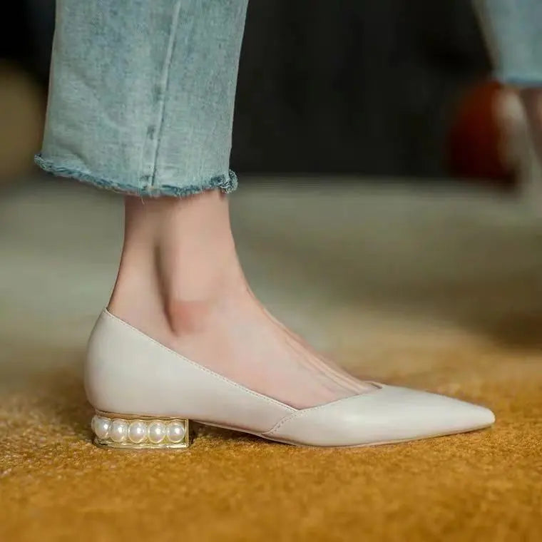 Elegant Pearl Low Heel Pointed Flat Shoes