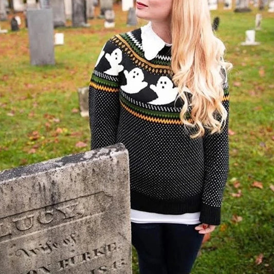 Spooky Season Vibe: Halloween Ghost Fair Isle Knit Sweater