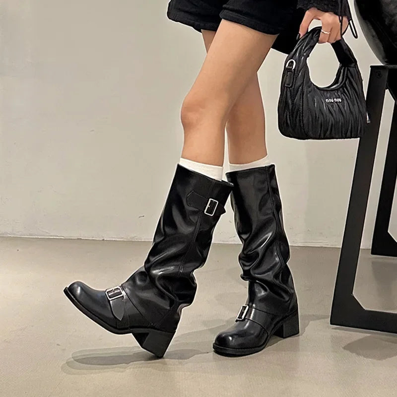 Pleated Buckle Pu Leather Mid Calf Women Boots