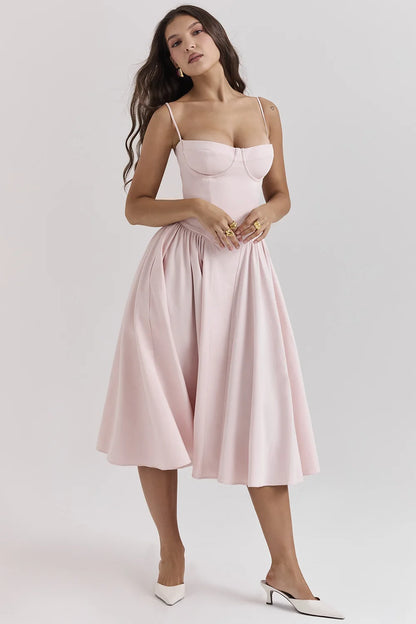 Old Money Aesthetic - Elegant Neutral Corset Midi Dress