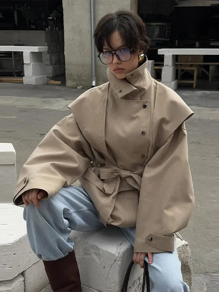 Cotton Khaki Long Turn Down Collar Belted Women Trench Coat