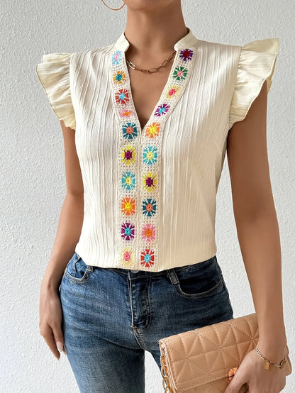 Summer Casual Ruffles Sleeveless Tops Women 2025 Fashion V-neck Floral Ladies Blouse Shirts Elegant