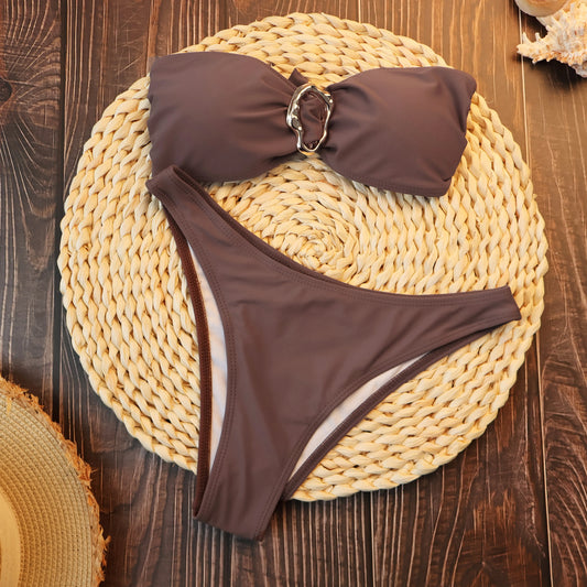 Mocha Brown Hammered Ring Bandeau Bikini Aesthetic