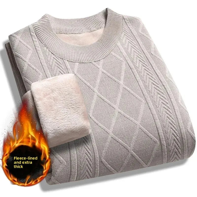2025 Mens Casual Warm Sweater Solid Plush Knitted Pullover Autumn Winter Thickened Versatile Top