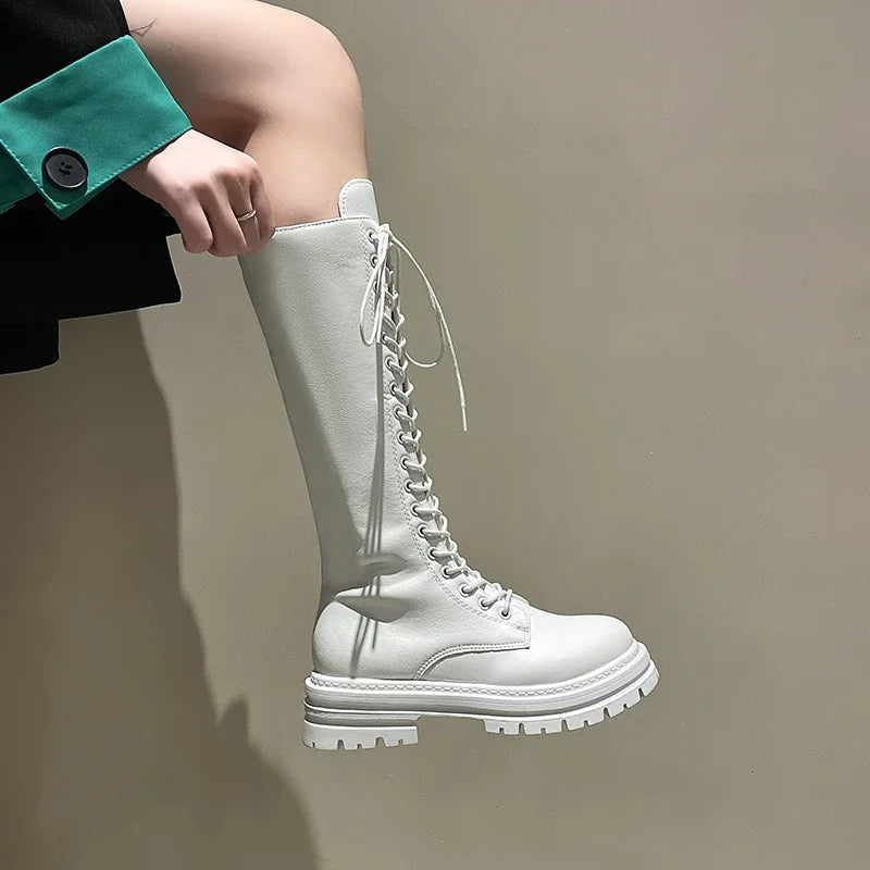 Women’s Knee-High Platform Boots 2025 – Korean Style PU Leather Fleeced Chunky Heel Winter Boots