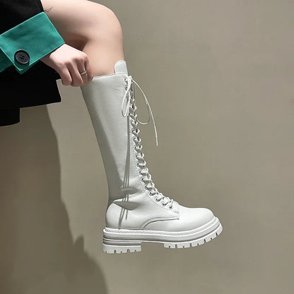Women’s Knee-High Platform Boots 2025 – Korean Style PU Leather Fleeced Chunky Heel Winter Boots