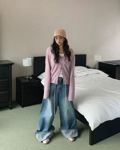 V-Neck Drawstring Knit Cardigan for Women – Slimming Autumn Outerwear