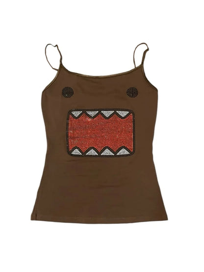 Y2K Aesthetic - Nostalgic Domo Kun Rhinestone Cami Top