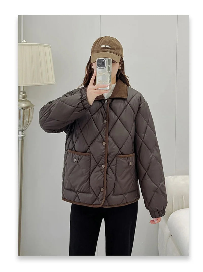 Quilted PU Leather Short Coat – Warm Rhombic Lattice Winter Jacket for Women