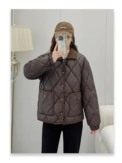 Quilted PU Leather Short Coat – Warm Rhombic Lattice Winter Jacket for Women