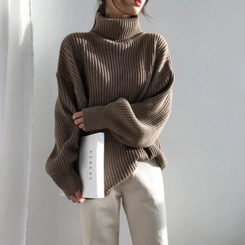 Autumn Winter Elegant Contrast Turtleneck Sweater Womens Loose Fit Long Sleeve Knitted Pullover Top