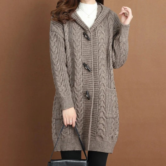 Womens Autumn Winter New Style Oversized Fried Dough Twist Sweater Cardigan Loose Fit Button Thick Knit Cardigan