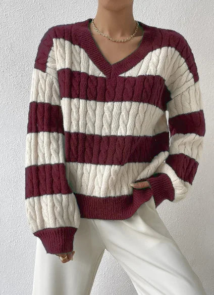 2025 Womens Stripe Knitted Sweater Long Sleeve V Neck Cropped Top Loose Fit Spring Versatile Warm Knit