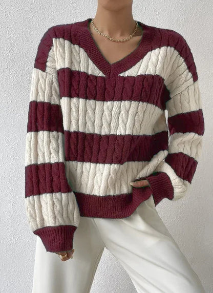 2025 Womens Stripe Knitted Sweater Long Sleeve V Neck Cropped Top Loose Fit Spring Versatile Warm Knit