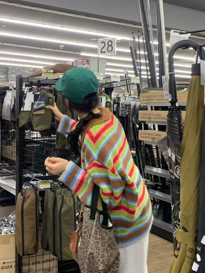 Vintage Cool Design Contrast Stripe Lace Up V Neck Sweater