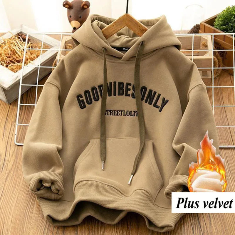 Womens Thick Warm Harajuku Hoodie Letter Print Velvet Sweatshirt With Pockets