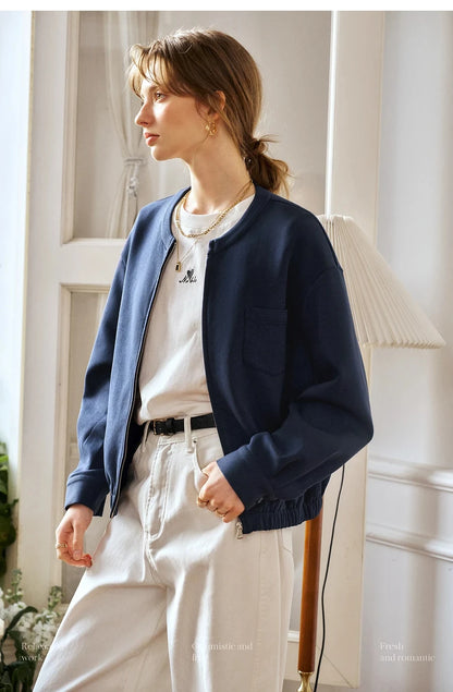 Navy Blue Cotton Blend Air Layer Casual Jacket Outerwear for Woman