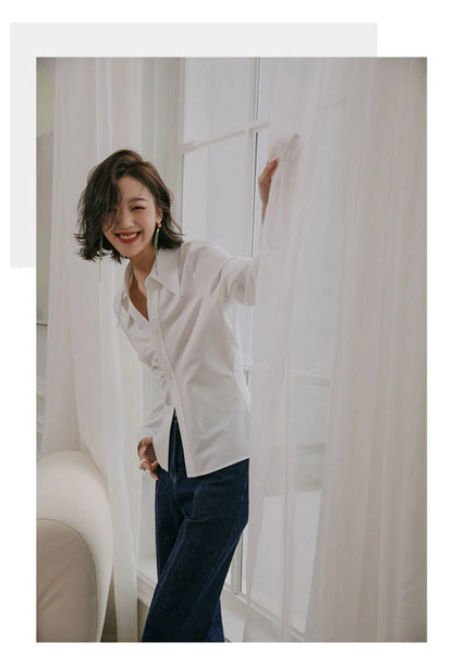 Spring Office Lady White Shirt: Korean Style Slim Button-Up Work Blouse for Women