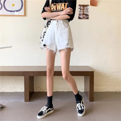 90s Grunge Aesthetic: Distressed High-Waist White Denim Shorts
