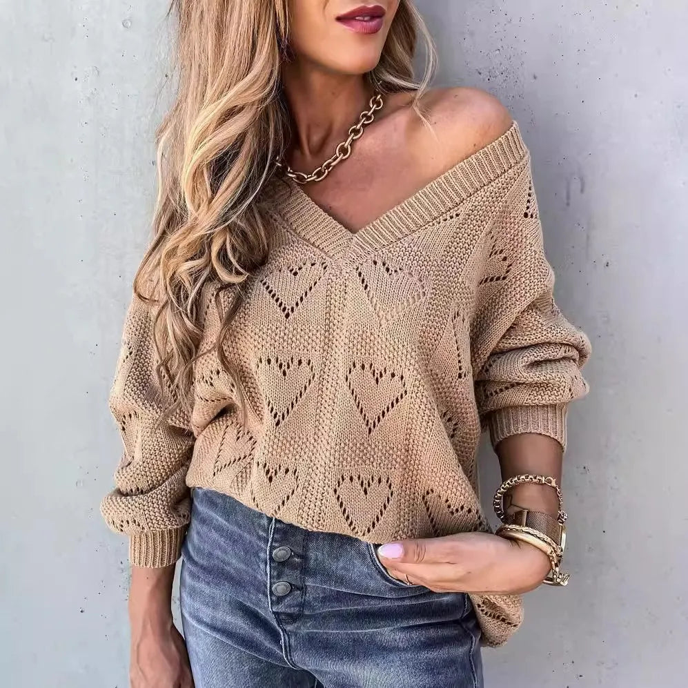 Womens Elegant Hollow V Neck Autumn Winter Sweater