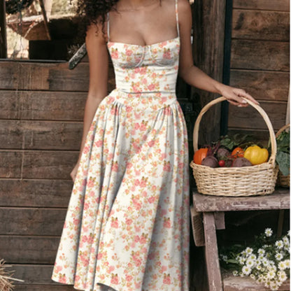Old Money Aesthetic - Elegant Neutral Corset Midi Dress