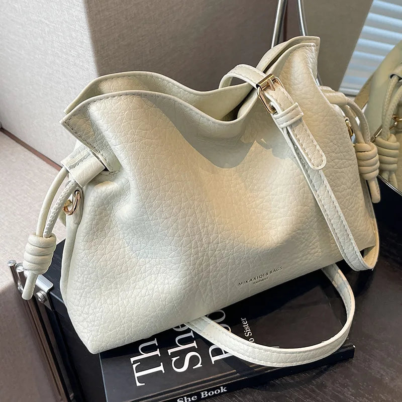 Minimalist Camel Leather Drawstring Shoulder Bag