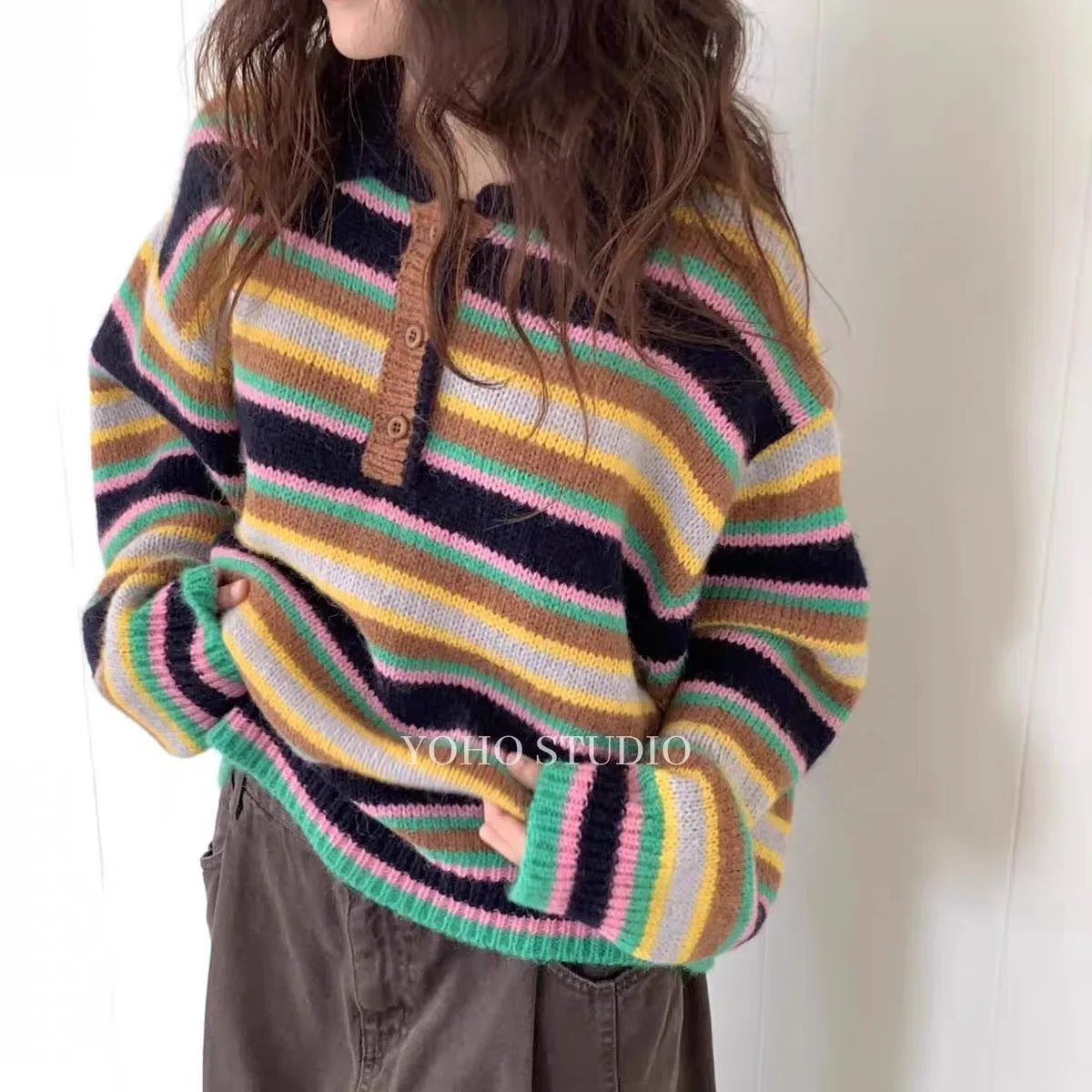 Vintage Cool Design Contrast Stripe Lace Up V Neck Sweater