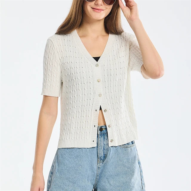 Thin Cardigan for Women, Summer Cropped Button V-Neck Short Sleeve Knitted Top, Slim Sweater Tops, Women's Knitwear