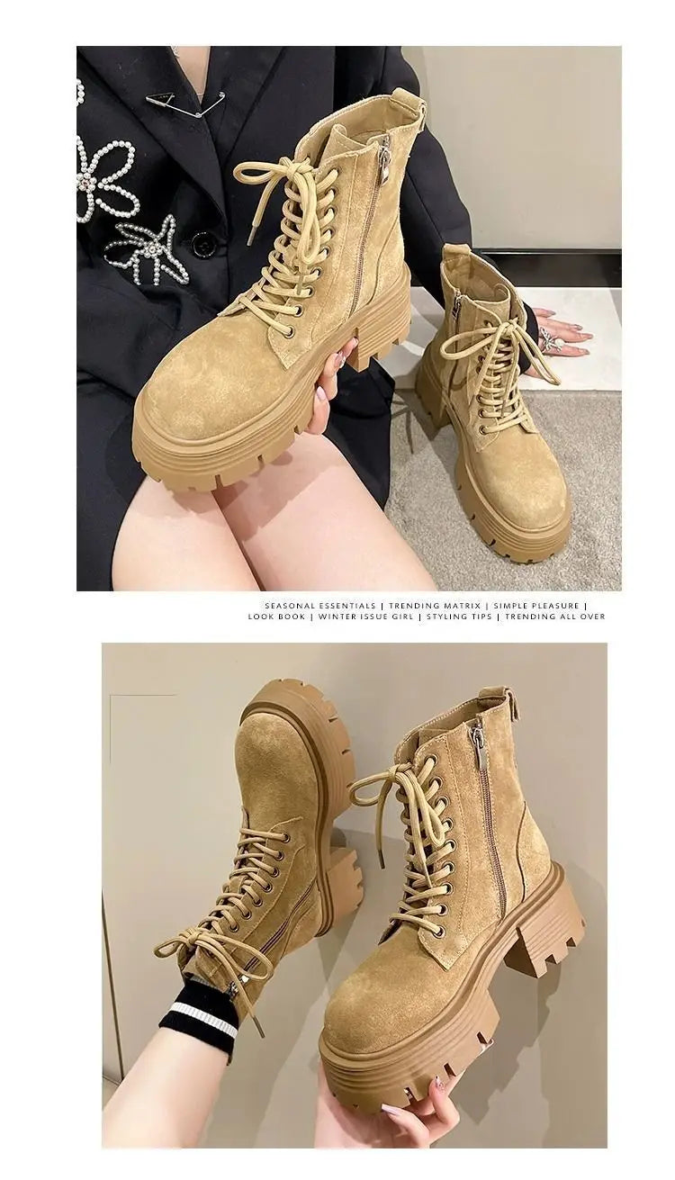 Retro Platform Leather Ankle Boots - Luxury Designer Motorcycle Boots for Women