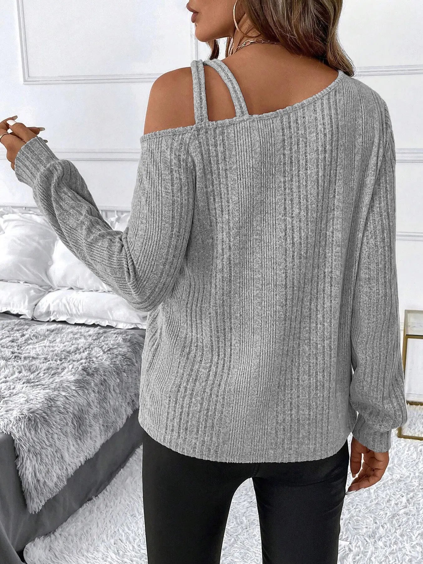 Women Square Neck Thicken Rib Lantern Sleeve Sweaters